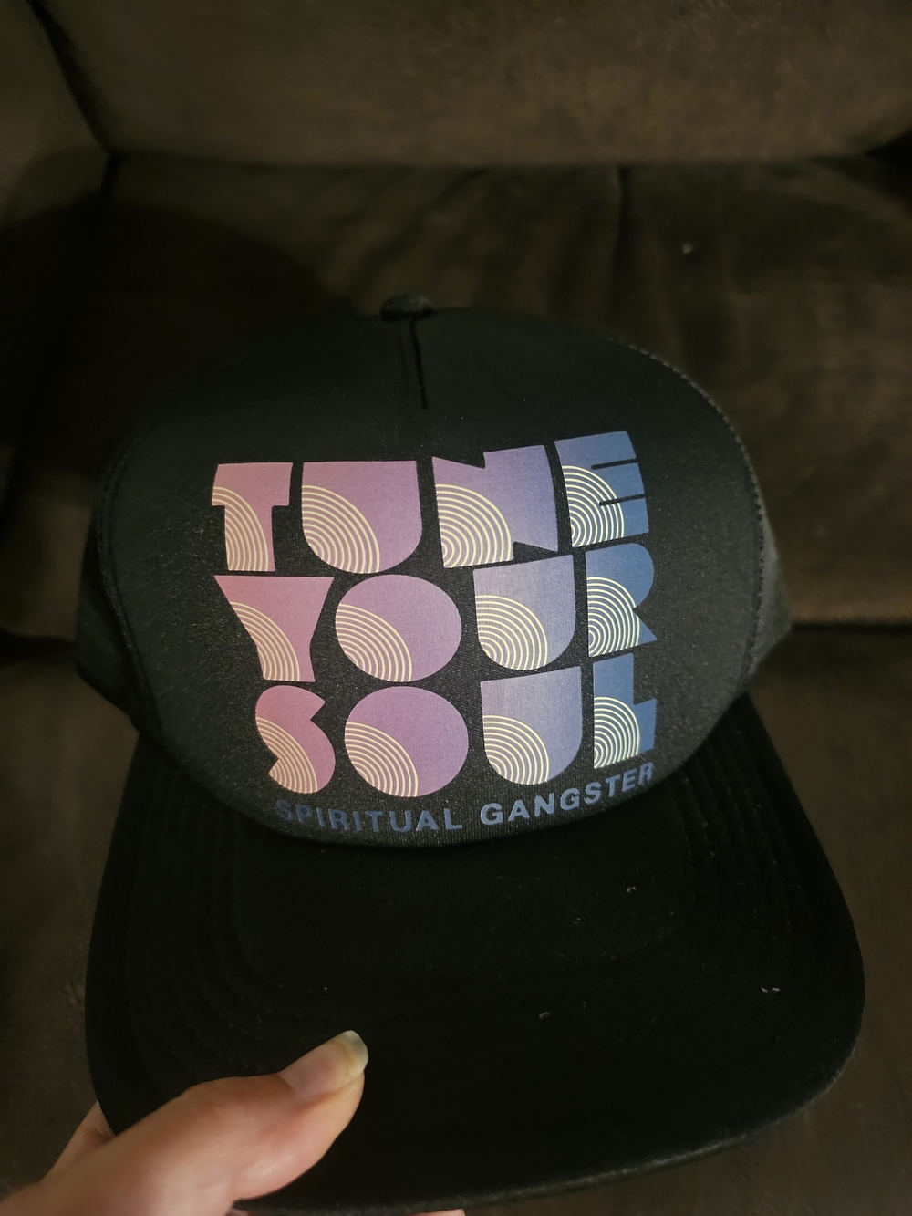 Spiritual Gangster Black Trucker Hat with Pink and Blue Graphic